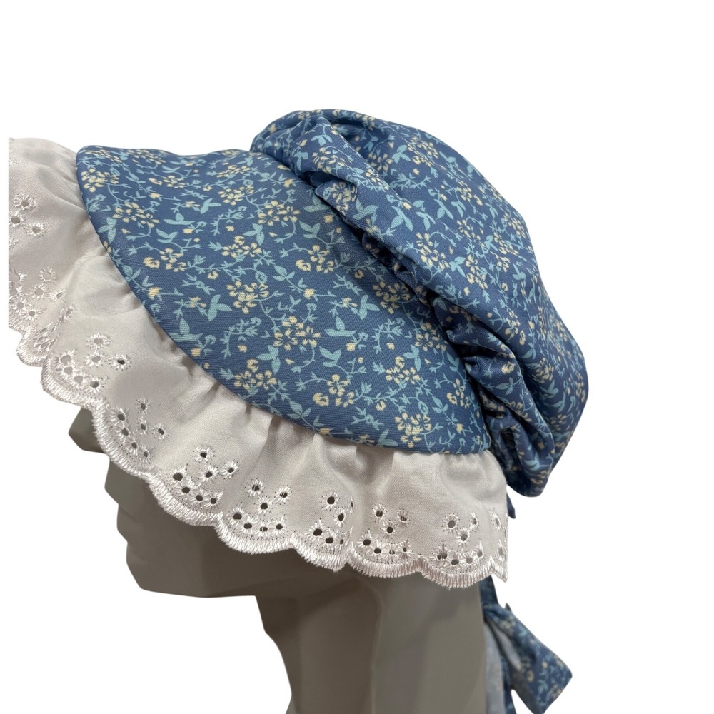 Vintage Style Blue Floral Calico Sun Bonnet White Eyelet Lace Trim Prairie Hat